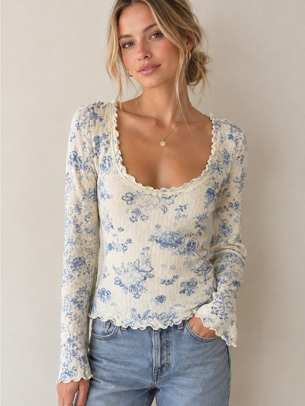 Free People Clover Printed Cream Blue Floral Long Sleeve Boho Thermal Top XS